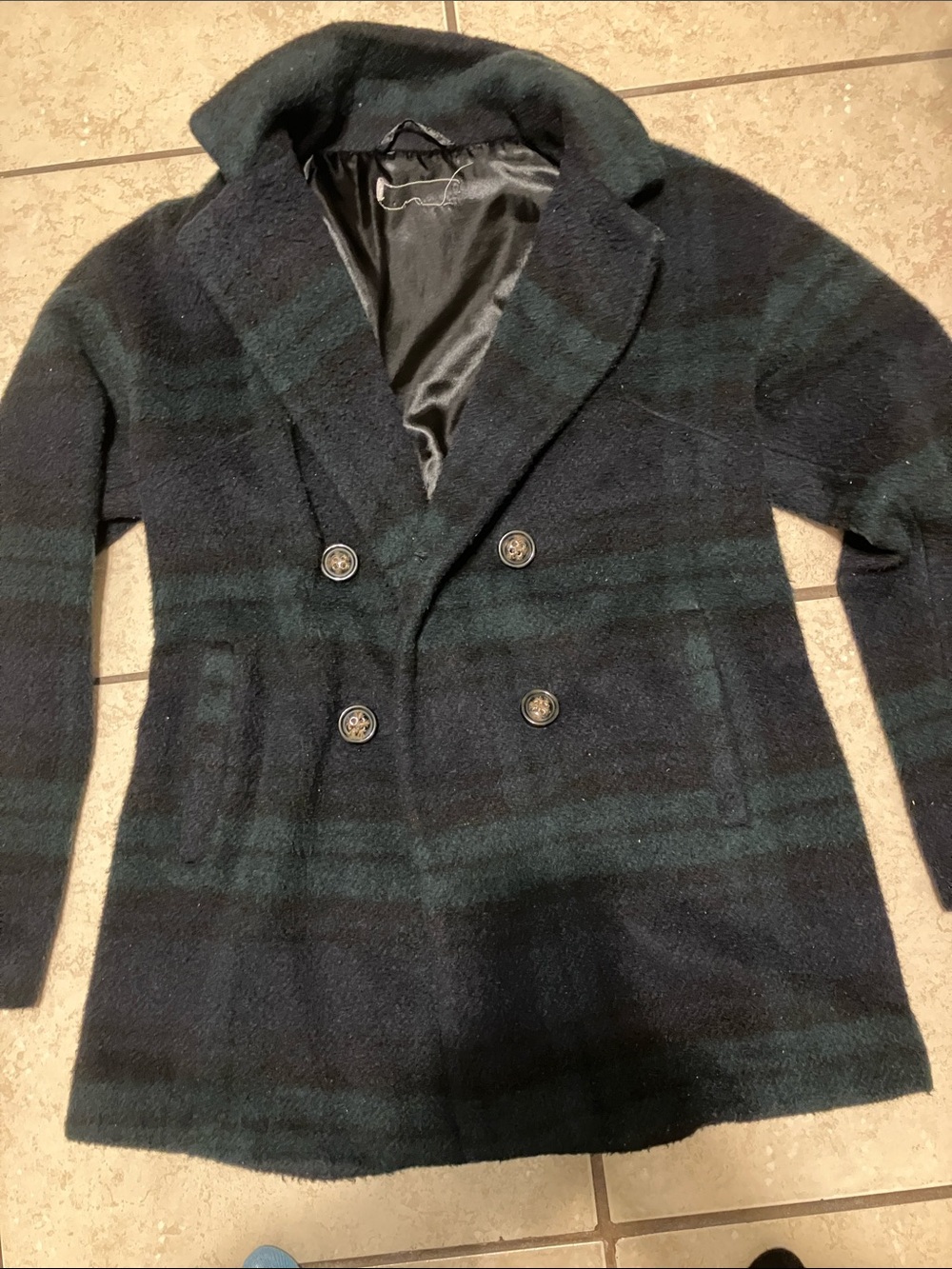 Double-Breasted Plaid Wool Peacoat in Dark Green and Black